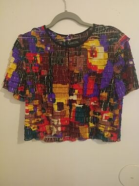 K Petite Collection Tiered Multicolor Smocked Crop Open Front Top Sz 8P